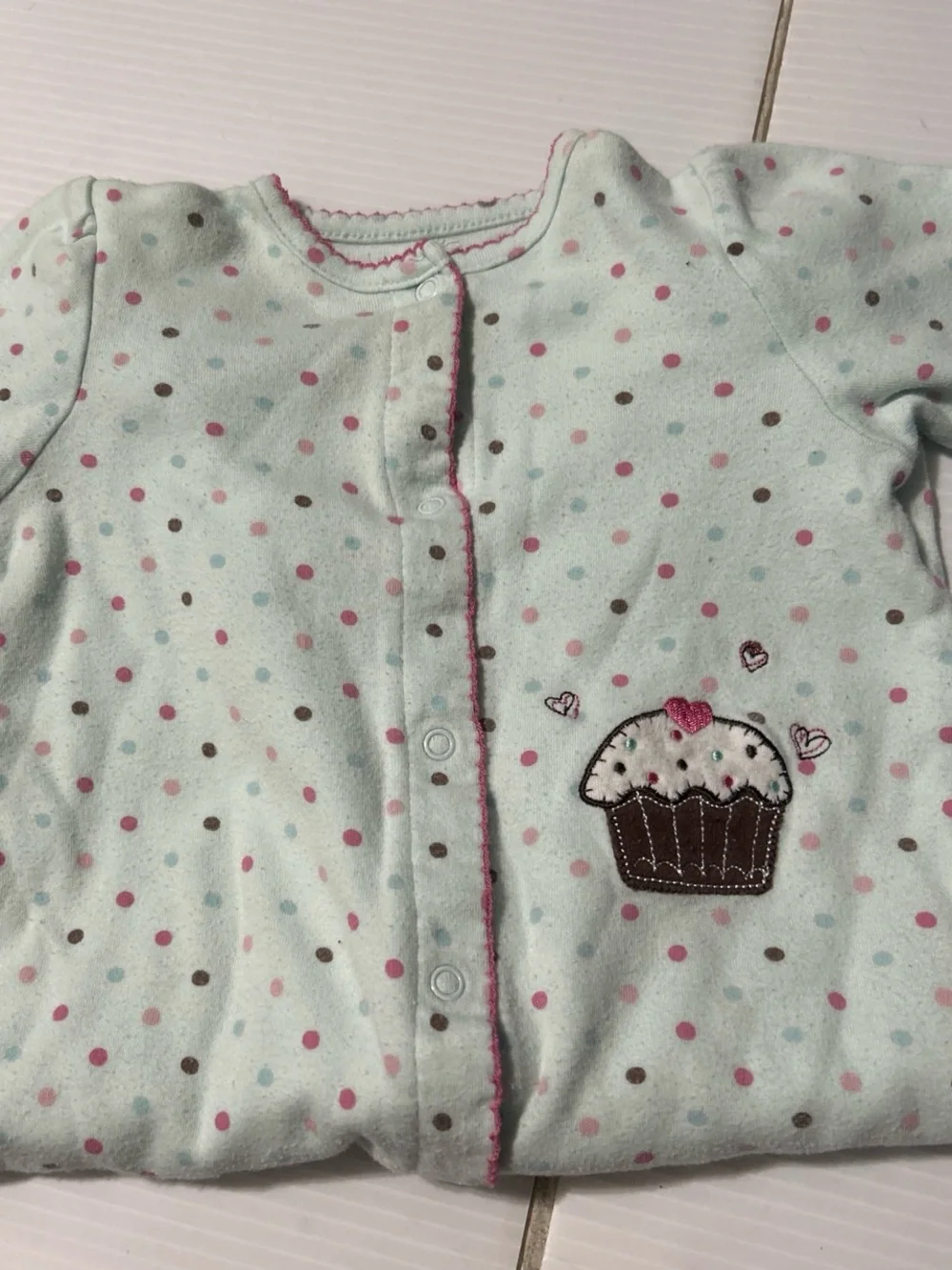 Baby Girls Mint Polka Dot Footed One-Piece with Cupcake Appliqué